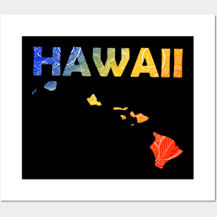 Colorful mandala art map of Hawaii with text in blue, yellow, and red Posters and Art